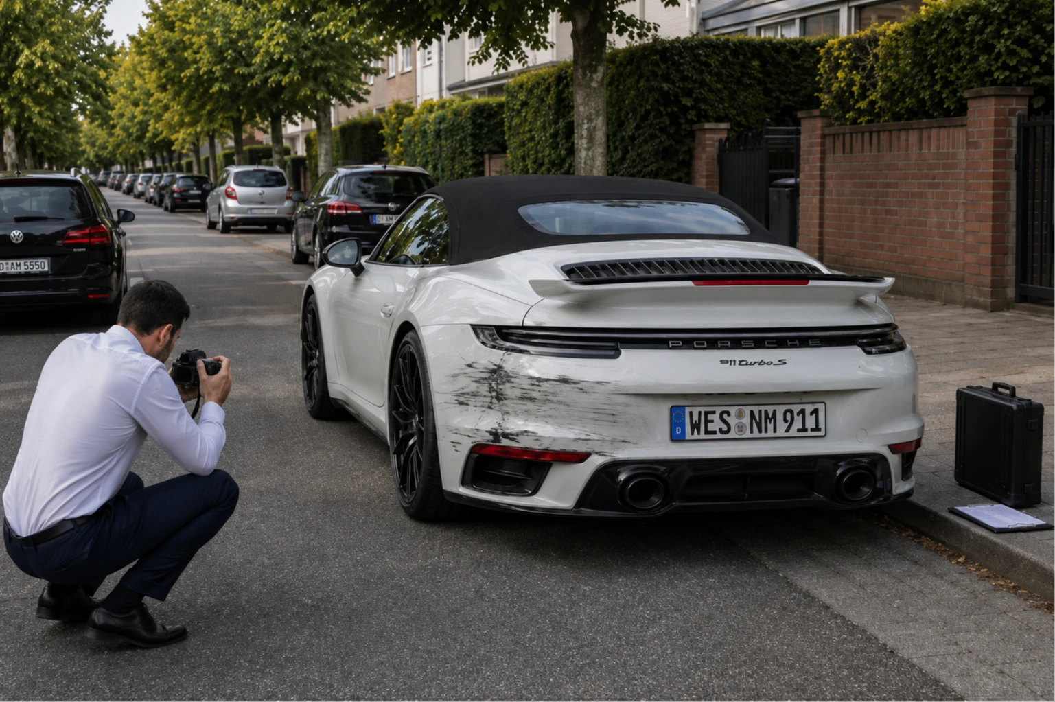 Mann fotografiert Heck eines weißen Porsche 911 Cabrio mit Kratzschaden Straße