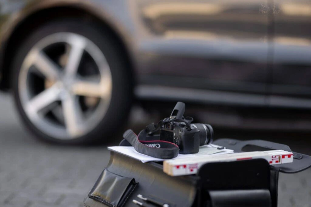 Kamera auf Klemmbrett vor Auto, Dokumentation bei Unfallgutachten vor Ort