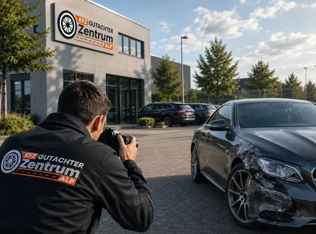 Kfz-Gutachter fotografiert Unfallschaden am Auto vor Gutachterzentrum ALP