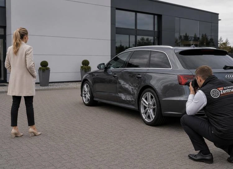 Gutachter fotografiert Unfallschaden an Audi Kombi vor Werkstattgebäude
